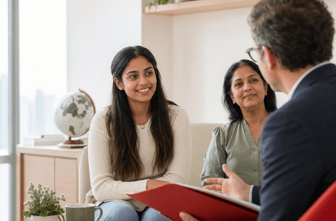Student receiving global education guidance in a modern office